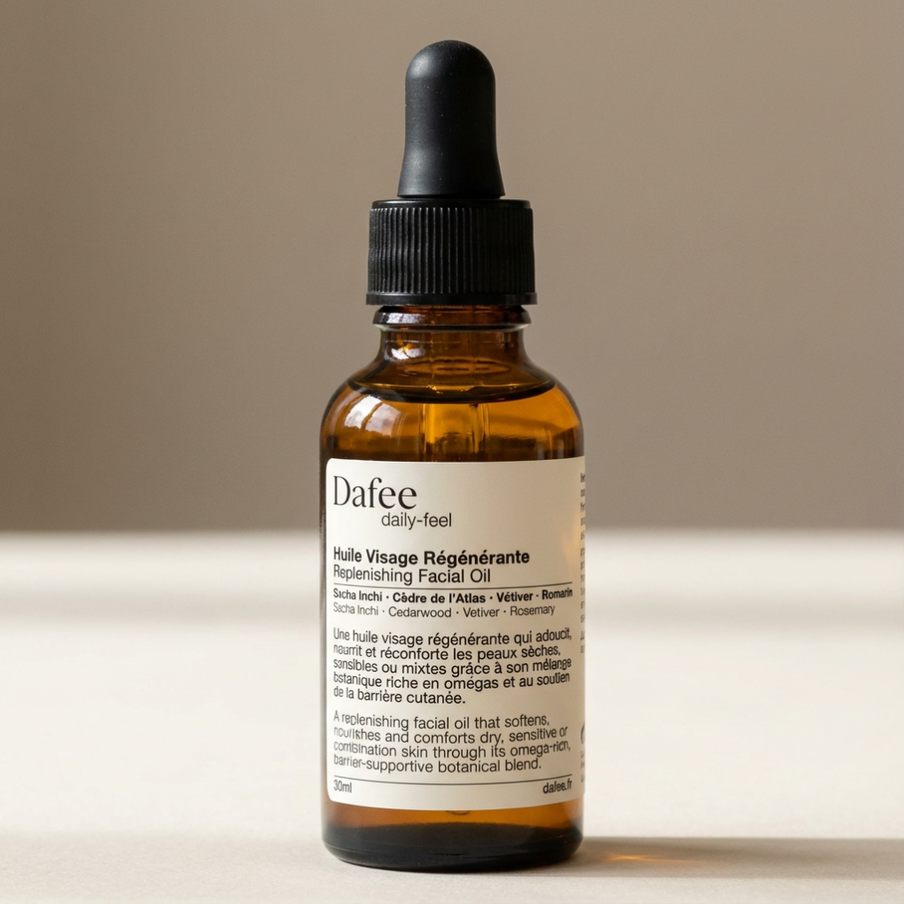 Brown glass bottle with dropper labeled 'Dafee' on a beige background