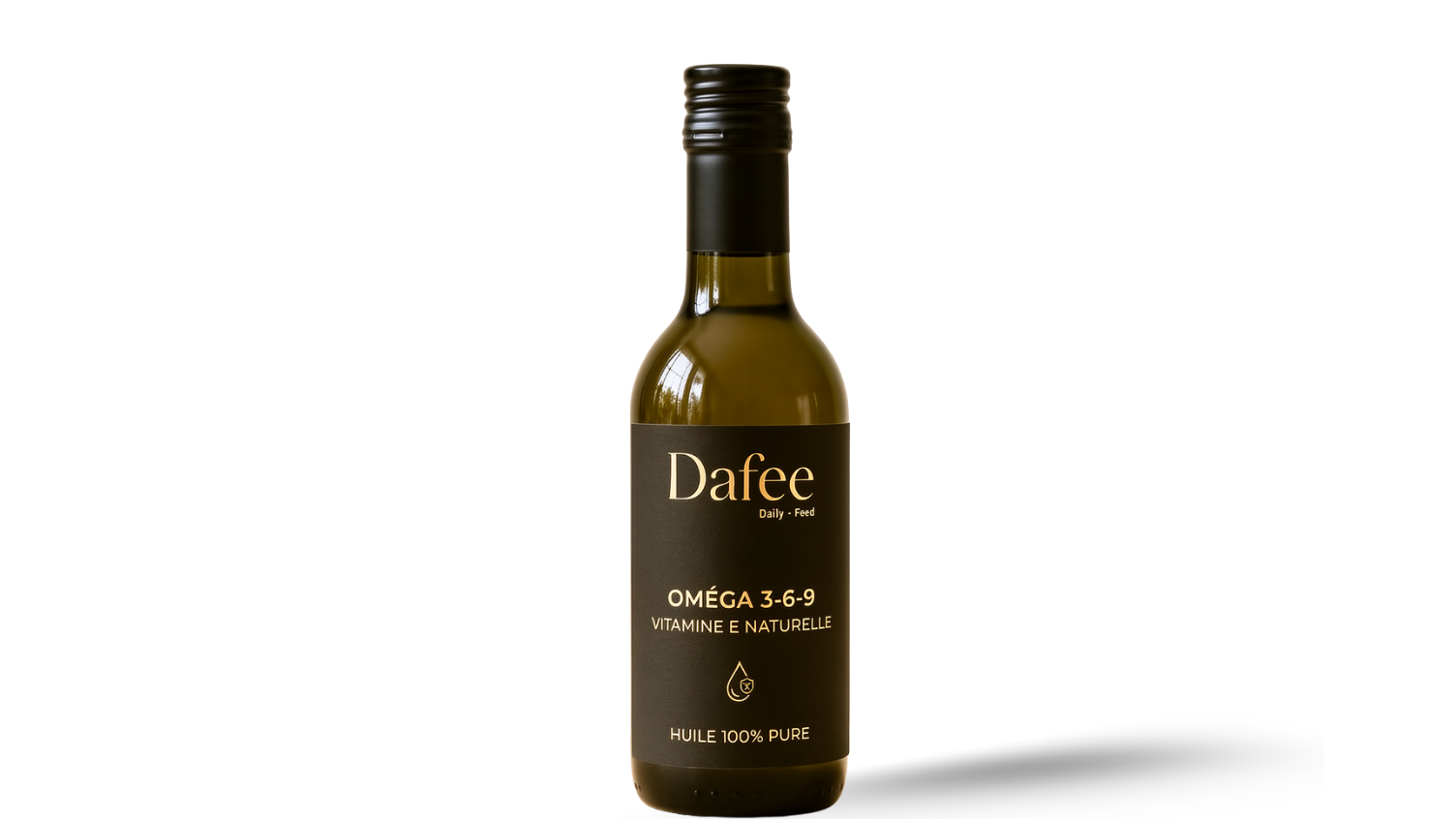 Bottle of Dafee sacha inchi oil on a white background