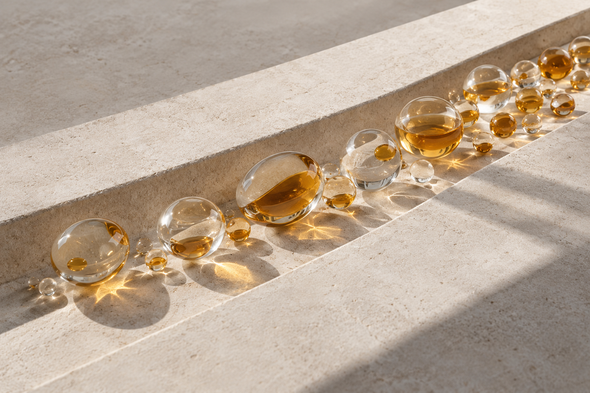 A row of transparent glass spheres of varying sizes, some filled with sacha inchi oil, arranged along a light beige stone ledge in bright natural sunlight.
