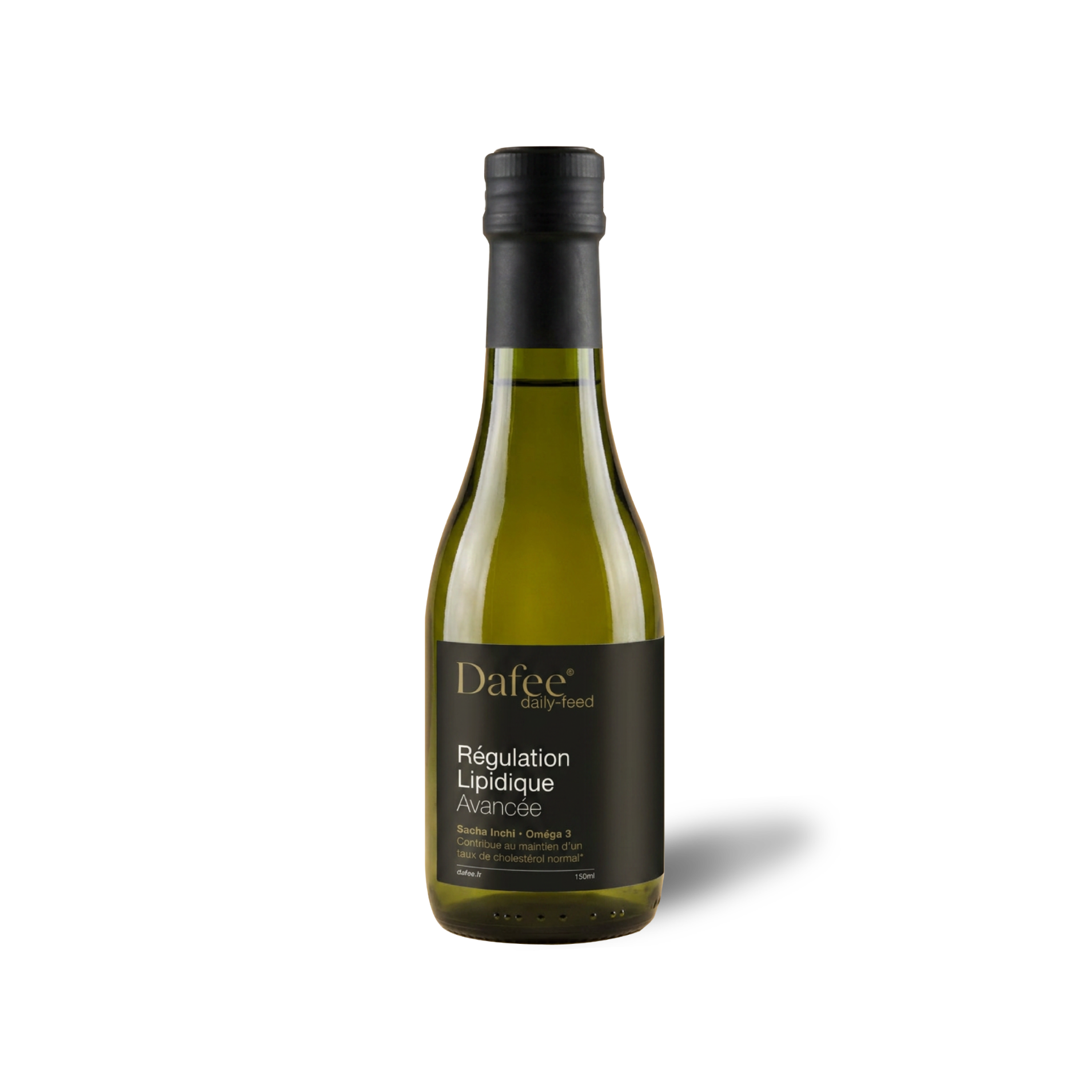 A bottle of Dafee Daily Feed Régulation Lipidique Avancée supplement, featuring a  green bottle with a black cap and a black label with gold and white text, set against a plain white background.