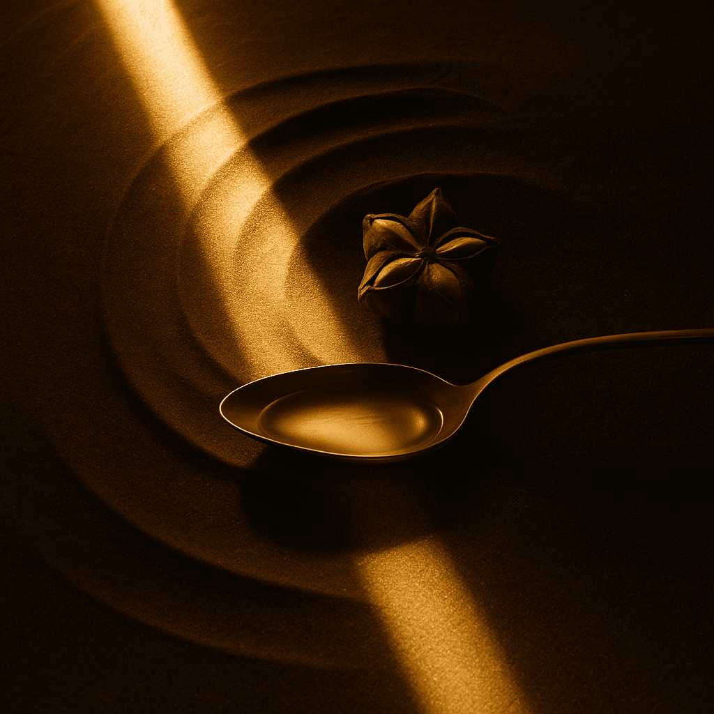 A silver spoon lies on dark, circular raked sand beside a star-shaped seed pod, all illuminated by a sharp beam of warm golden light.