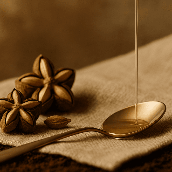Sacha inchi oil being poured into a gold-toned spoon next to two star-shaped sacha inchi seed pods on a beige fabric surface.