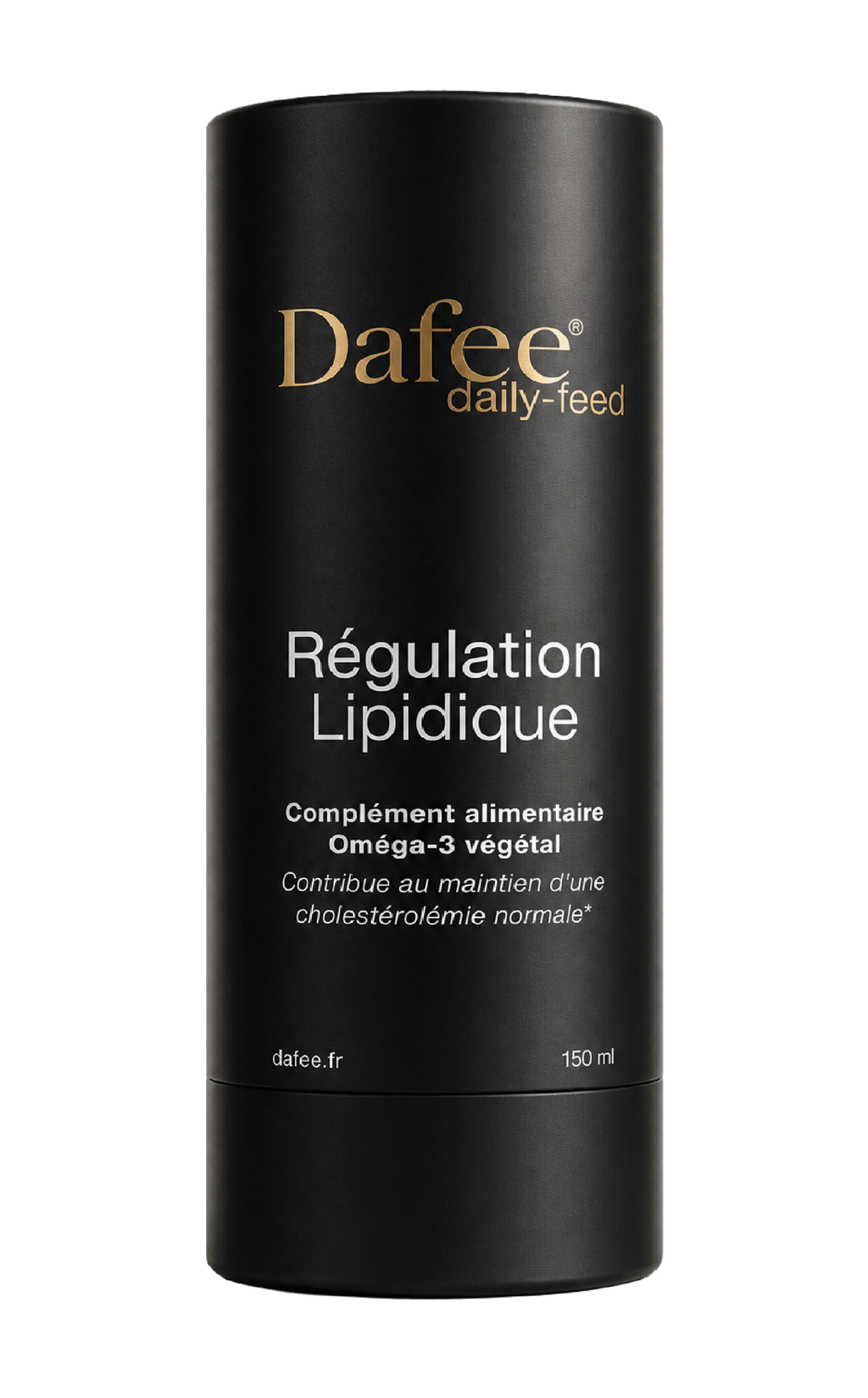 A black cylindrical container of Dafee daily-feed lipid regulation supplement with gold text centered on the front label.