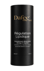 A black cylindrical container of Dafee daily-feed lipid regulation supplement with gold text centered on the front label.
