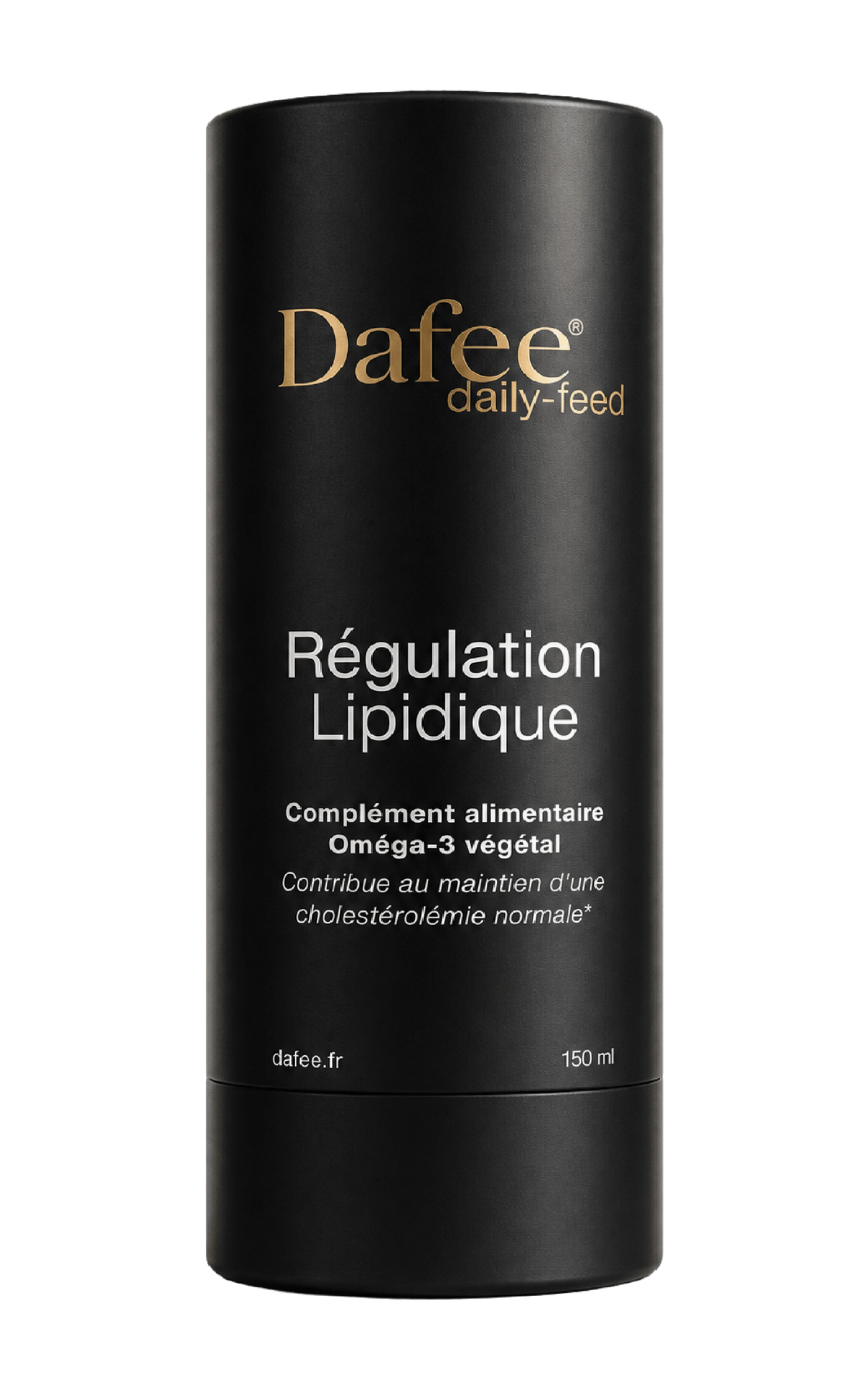 A black cylindrical container of Dafee daily-feed lipid regulation supplement with gold text centered on the front label.