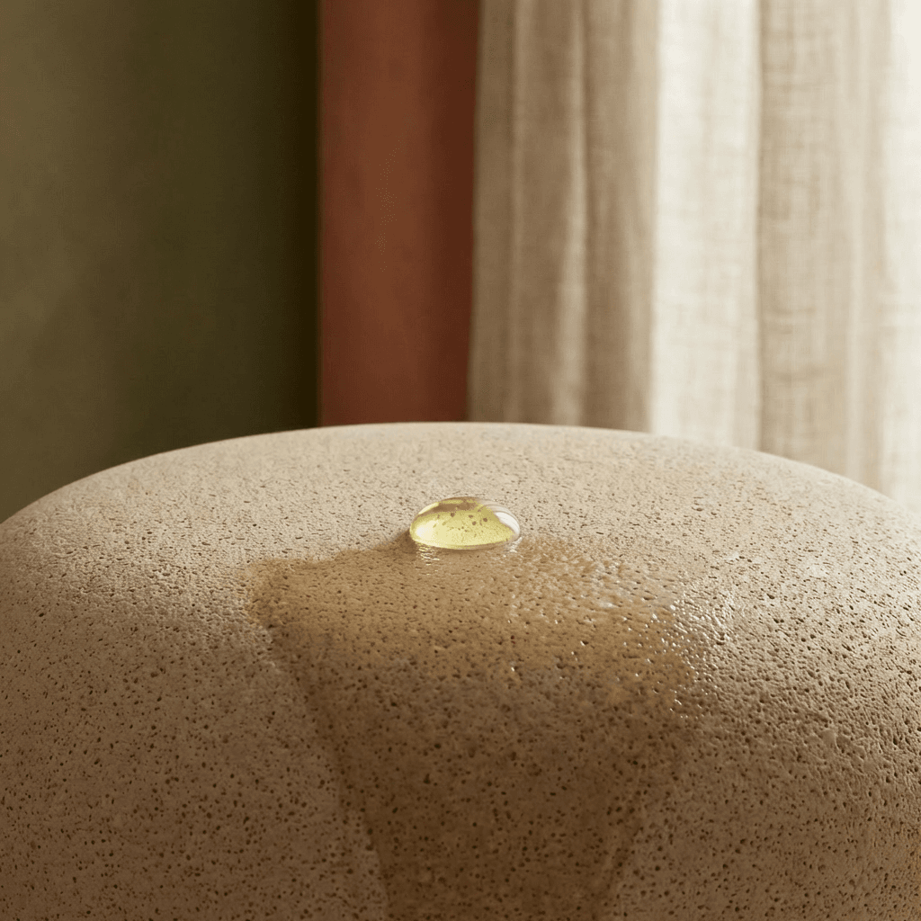 A beige, porous, dome-shaped stool sits in a room with a curtain in the background, featuring a single, large yellow liquid droplet resting on its textured surface.