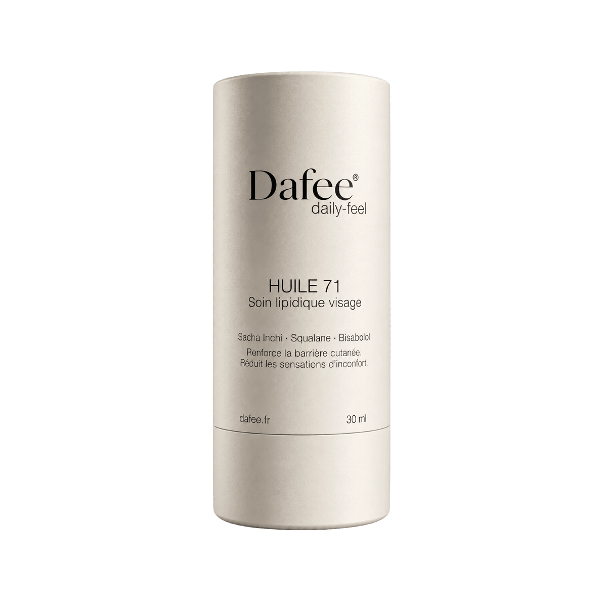 A beige cylindrical skincare product container features the brand name, product name, and ingredient list printed in black text on the front.