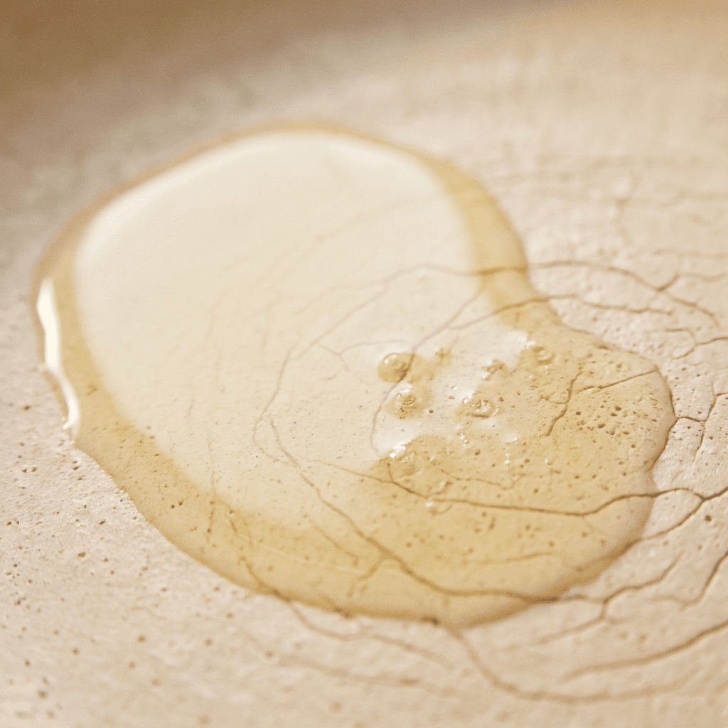 A pool of clear, golden cooking oil sits in the center of a textured, cream-colored non-stick frying pan.