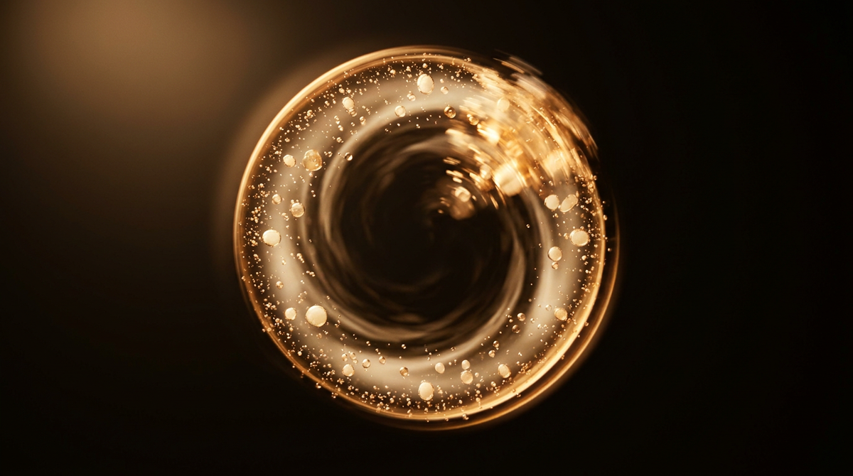 Top-down view of a clear glass filled with swirling golden liquid, forming a luminous ring of light and bubbles against a dark background.