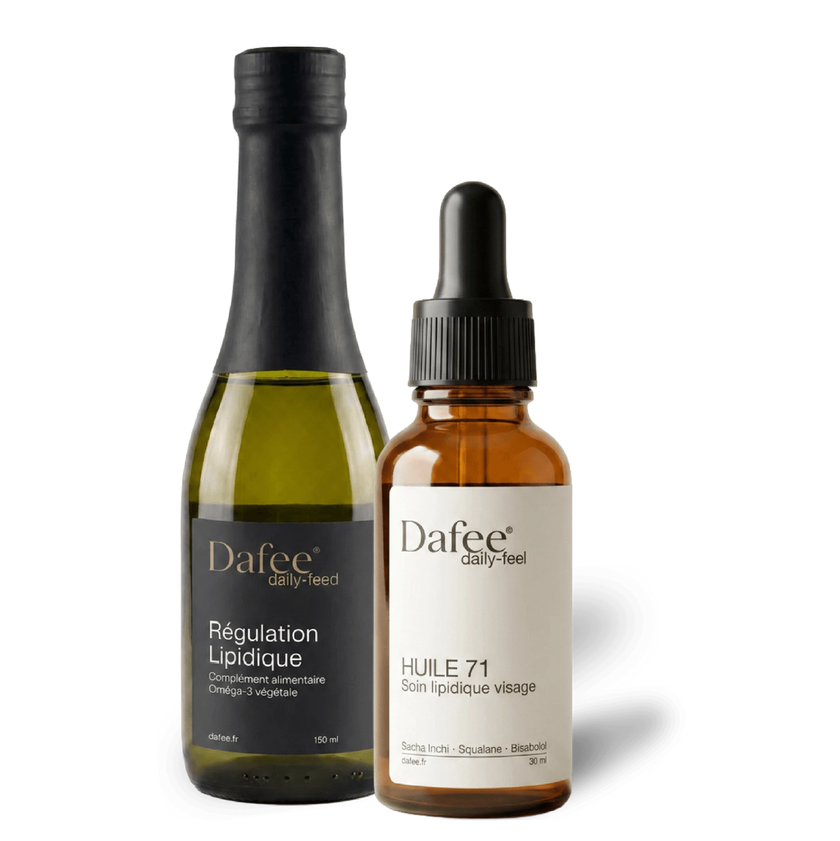 Two Dafee bottles. Daily-feed and Daily-feel
