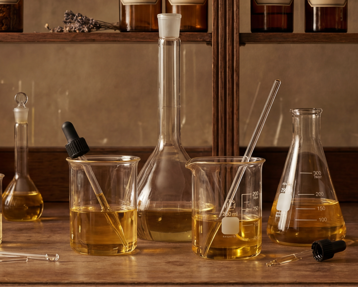 Dafee laboratory setup with bottles, beakers, and an open book on a wooden table.