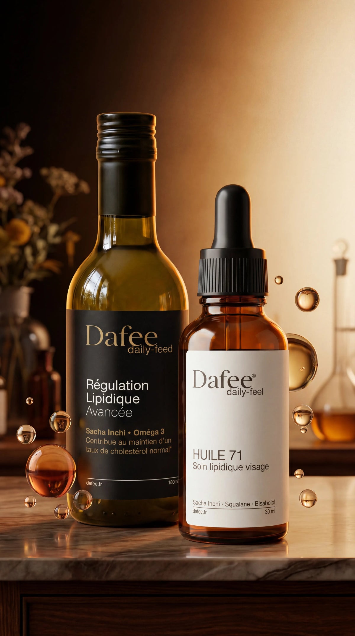 Two bottles of Dafee products on a wooden surface with a warm background.